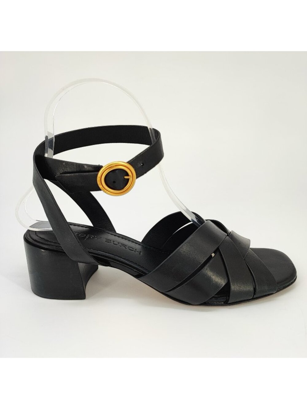 Tory Burch City Women’s 6.5 US Sandals Leather Black Ankle Strap Heel 5930